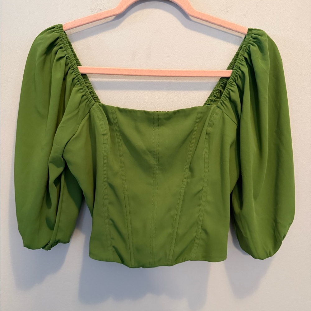 Abercrombie & Fitch Olive Puff Sleeve Crop Blouse Small